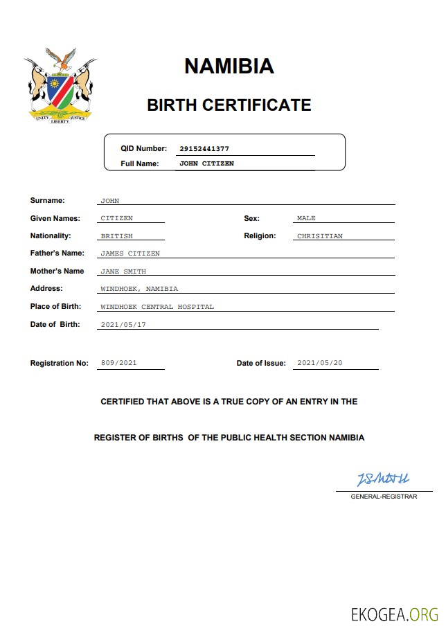 Modèle Word et PDF d'acte de naissance en Namibie